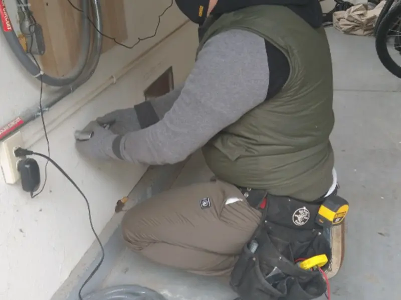 Electrician performing outlet wiring in a Peninsula garage
